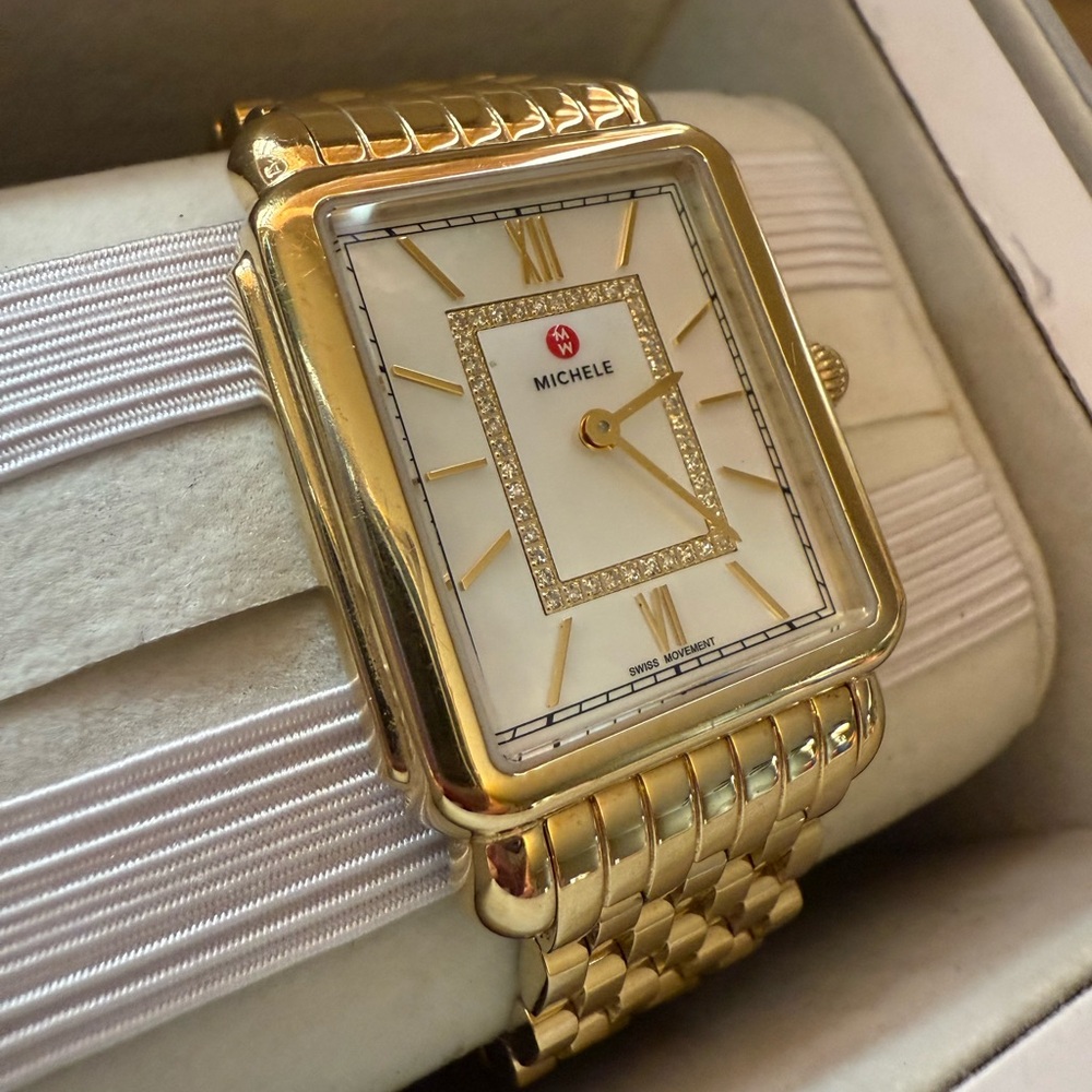 Michele Gold Rectangular Watch with White Oyster … - image 8